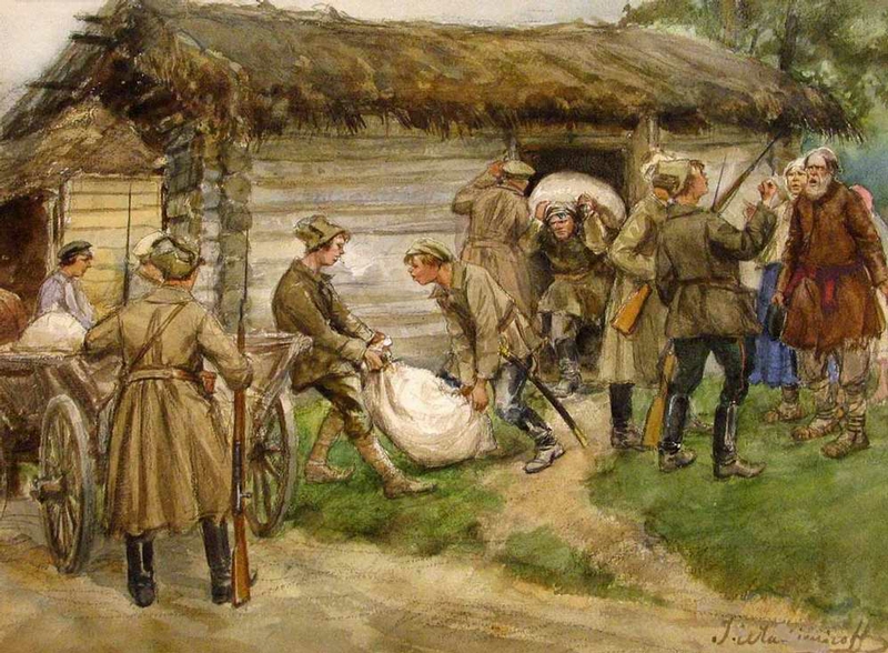 Bolsheviks requisitioning grain from peasants, in a work by the Lithuanian painter Ivan Vladimirov (1869-1947). These requisitions caused great discontent and were, to a large extent, responsible for the deadly famine of 1921 and 1922.
