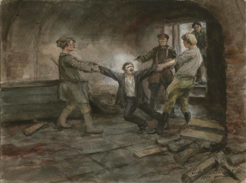 Bolshevik Chekists murdering a detainee, in a work by the Lithuanian painter Ivan Vladimirov (1869-1947).