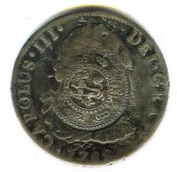 Eight reales (silver) of Carlos III with Burmese stamp