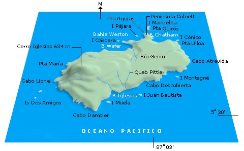Sketch of Cocos Island. Most of the island's place names are in 