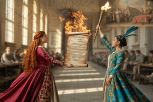 AI-generated image showing two allegorical female figures burning a scroll labeled ‘Black Legend’.