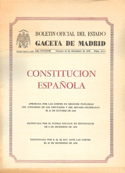 Front page of the BOE where the Spanish Constitution of 1978 was published: Friday 29 December 1978.