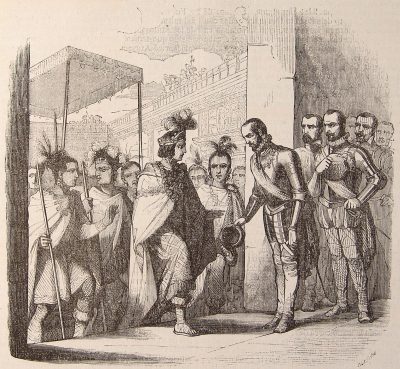 Montezuma visits Cortés at his lodgings. History of the conquest of Mexico 1851.