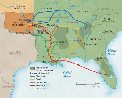 The map shows the routes of the five southeastern tribes that were forced to leave their homelands in the Southeast and live in Indian Territory in what is now Oklahoma.
