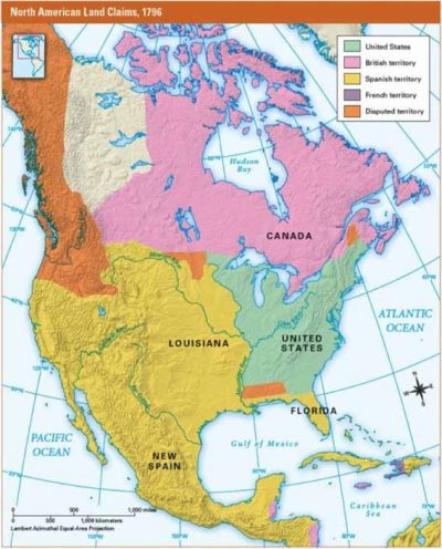 Map of North America in 1796. (Lands of the Crown of Spain, in yellow)