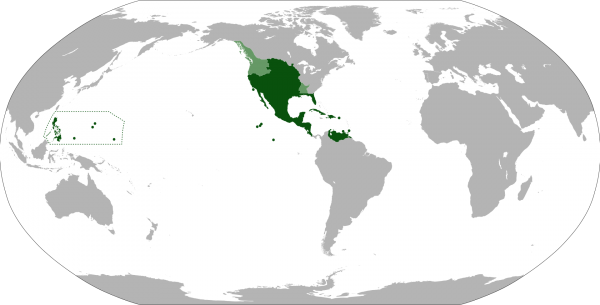 Maximum extent of the Viceroyalty of New Spain, with the addition of Louisiana (1764–1801). The areas in light green were territories claimed by Spain.