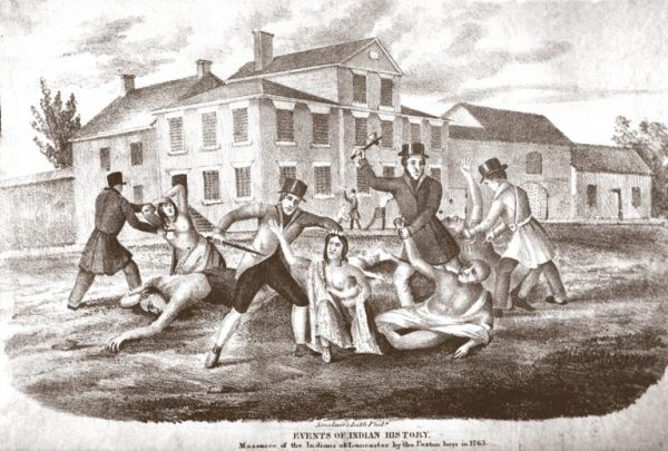 An engraving from the Library Company of Philadelphia depicting the massacre of Conestoga Native American tribe by the so-called Paxton Boys in Lancaster, 1763. (Courtesy of the Library Company of Philadelphia)