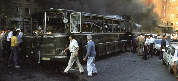 The Guardia Civil bus after the explosion. EFE