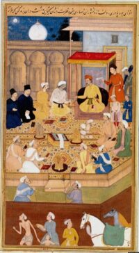 The Mughal emperor Jalaluddin Muhammad the Great (known in Arabic as Akbar) holds an inter-religious assembly in the Ibadat Khana (House of Reflection - meditation - built in 1575) at Fatehpur Sikri. The two men dressed in black are the Jesuit missionaries Rodolfo Acquaviva and Francisco Henriques, two companions of Antonio de Montserrat. Illustration of the Akbarnama, miniature painting for Nar Singh, ca. 1605.