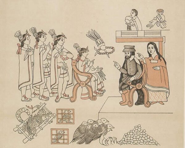 Canvas of Tlaxcala: Hernán Cortés and Malintzín in their meeting with Moctezuma II in Tenochtitlan