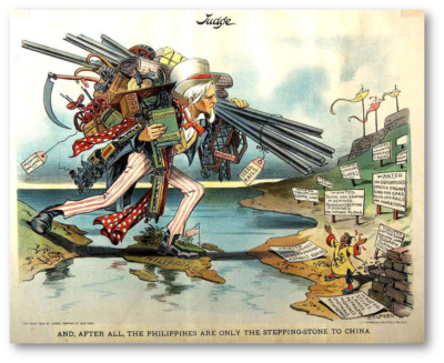 Period cartoon depicting the US using the Philippines as a springboard to China.