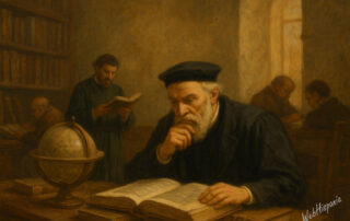 AI-generated oil painting in Renaissance style showing a 16th-century Spanish scholar reading in a sunlit study, surrounded by books and a globe.