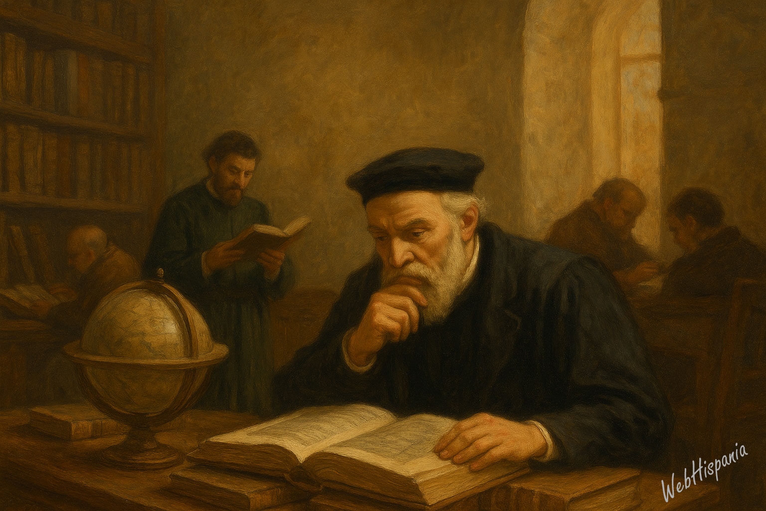 AI-generated oil painting in Renaissance style showing a 16th-century Spanish scholar reading in a sunlit study, surrounded by books and a globe.