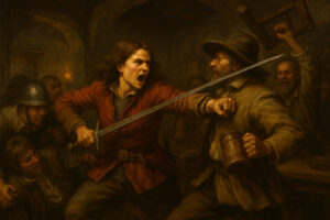 AI-generated image: A young woman disguised as a man fights fiercely in a 17th-century tavern, sword drawn against a shouting opponent as patrons around them erupt into chaos.