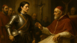 AI-generated image: A young female soldier in full armor stands before Pope Urban VIII in a Renaissance hall, while cardinals observe the unusual audience.