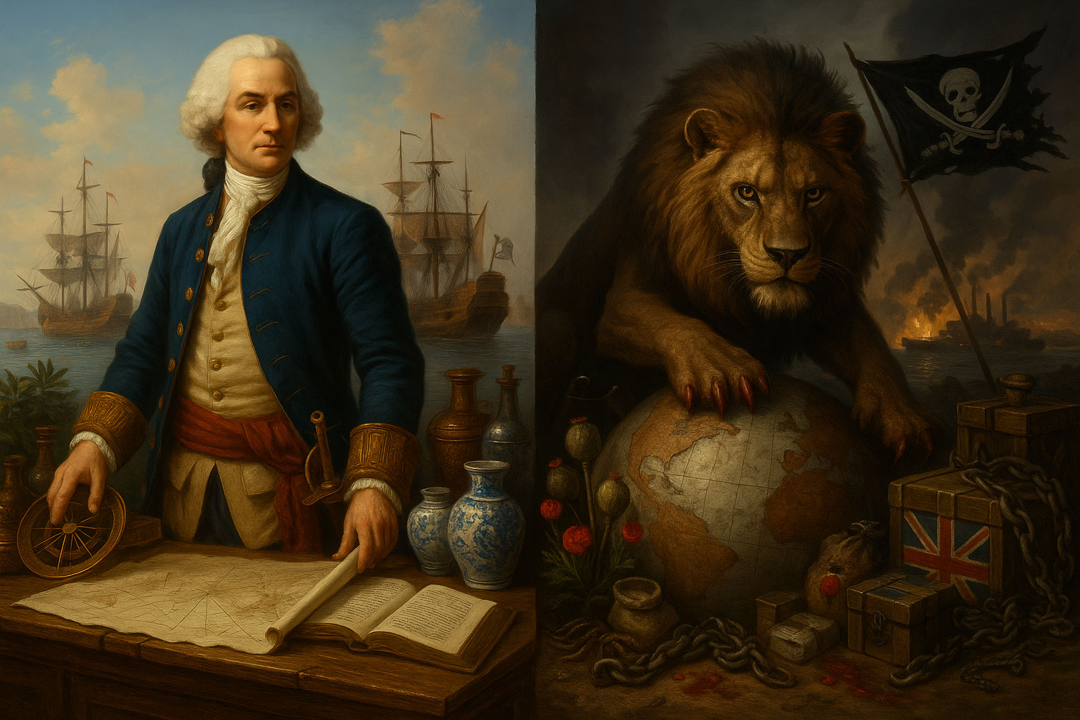AI-generated split painting of a Spanish officer with ships and globes on the left, and a fierce lion with chains and pirate flag on the right, symbolizing colonial contrast.