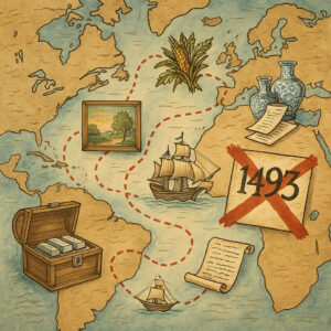AI-generated illustrated map showing global Spanish trade routes with goods and a red “X” over the title “1493”.