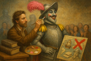 AI-generated painting of an artist applying makeup to a conquistador statue as a crowd claps, with ignored history books nearby.