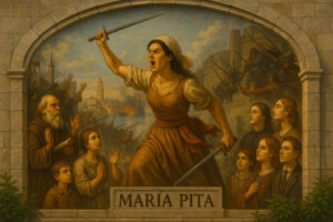AI-generated image: An allegorical mural-style painting shows María Pita holding a pike and sword, surrounded by citizens, scenes from history, and symbols of her enduring legacy across four centuries.