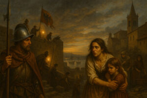 AI-generated image: Citizens of La Coruña prepare for the arrival of the English fleet in 1589, lighting torches along the city walls and gathering in fear and determination beneath a stormy sky.