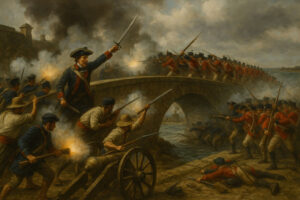 AI-generated image showing Spanish forces defending a stone bridge from British troops during the 1797 assault on San Juan, Puerto Rico.
