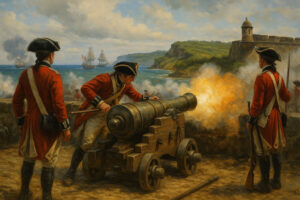 AI-generated image of British redcoats landing on a tropical beach under fire, based on the 1797 invasion of Puerto Rico.