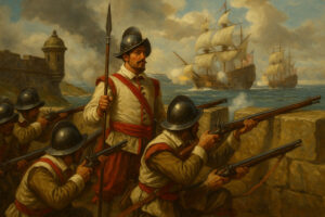 AI-generated image of Spanish soldiers at a fort aiming at retreating British warships after the failed 1797 invasion of Puerto Rico.