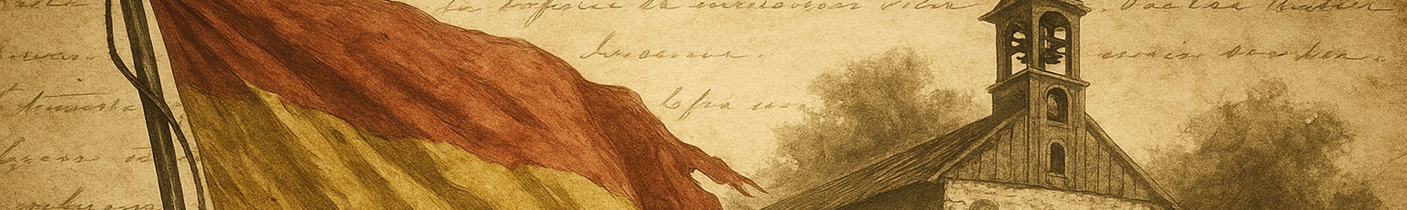 baler-cabecera Tattered Spanish flag, Remington rifle, and church of Baler over old letters, in sepia tone.