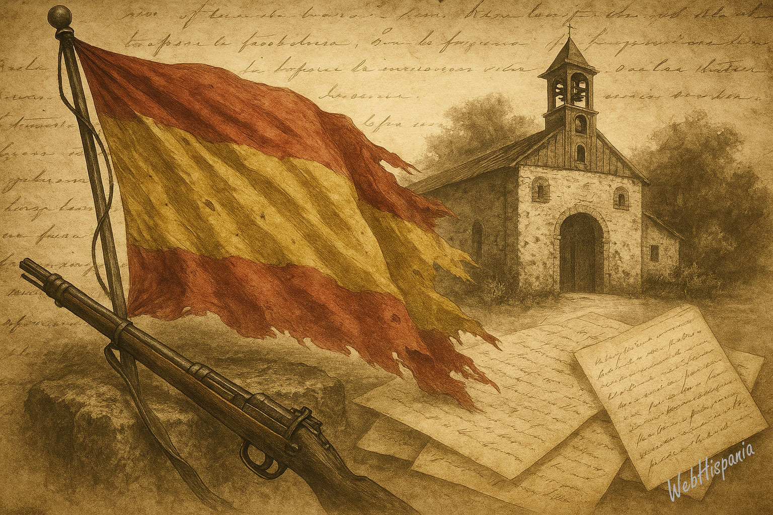 Tattered Spanish flag, Remington rifle, and church of Baler over old letters, in sepia tone.
