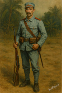 Spanish colonial soldier in Baler, 1898–1899, uniform and rifle, tropical setting.