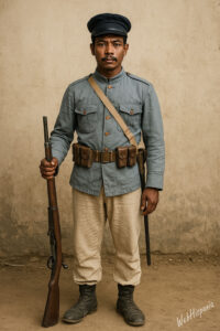 Filipino colonial soldier in blue jacket and canvas trousers, armed with rifle.
