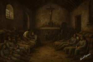 Interior of Baler’s church during the siege, wounded soldiers, altar in the background.