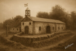 Exterior of Baler church with sandbag fortifications and Spanish flag, misty atmosphere.