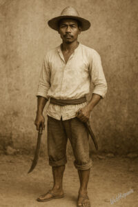 Filipino insurgent with camisa de chino, salacot hat, bolo knives and defiant stare.
