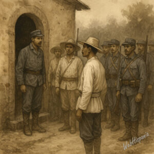 Filipino emissary negotiates with MartĂn Cerezo outside the church, both sides facing each other.