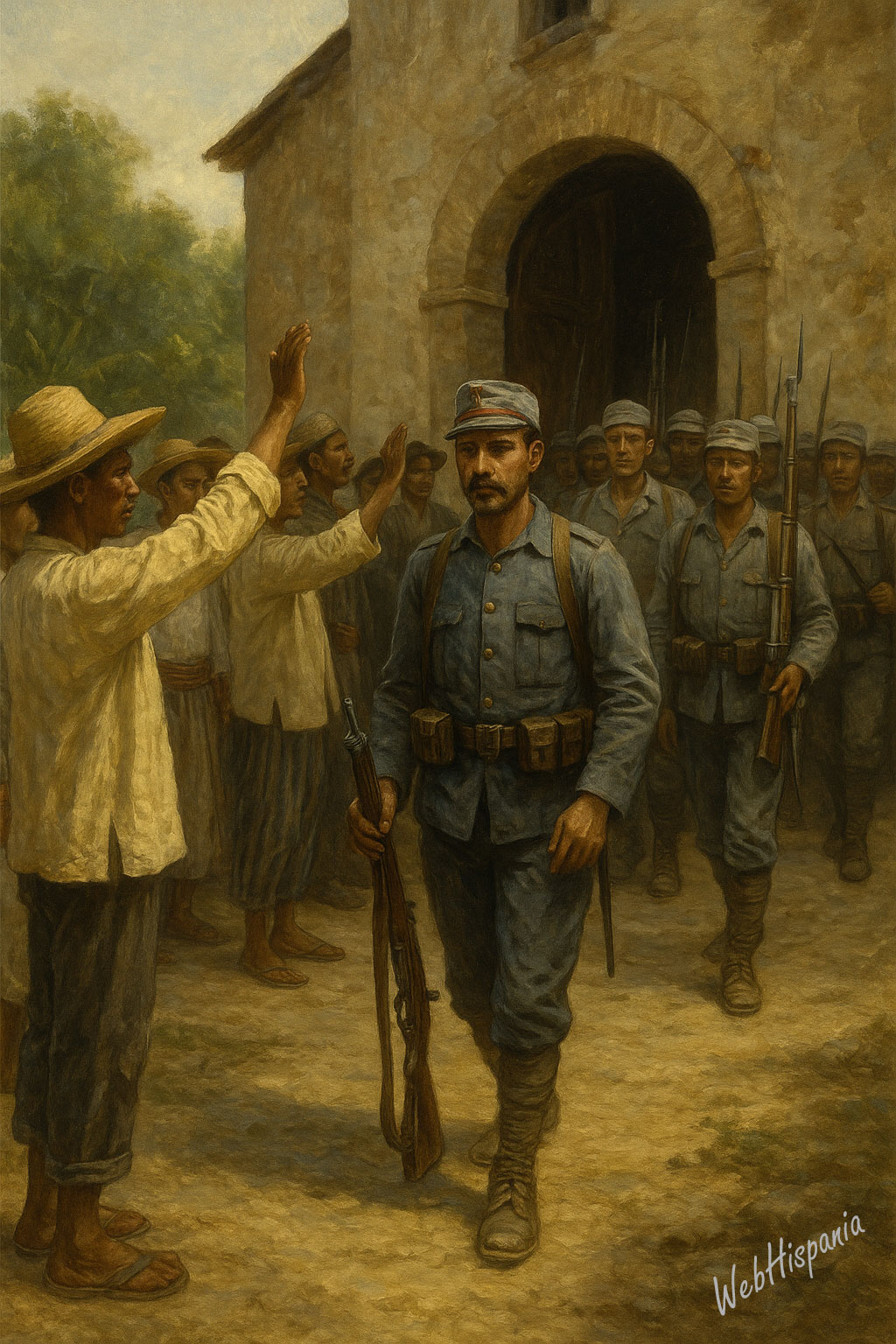 Spanish defenders exit the church of Baler while Filipino insurgents salute them.