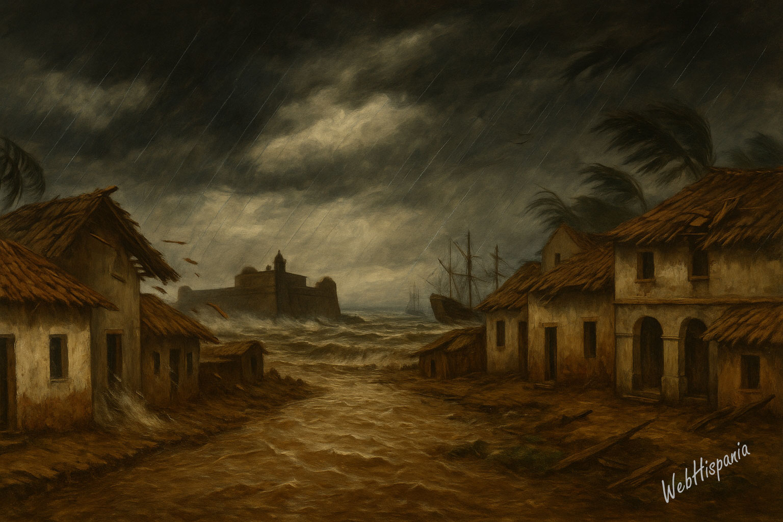 16th-century colonial port of Veracruz under hurricane winds and floodwaters, with San Juan de Ulúa in the background.