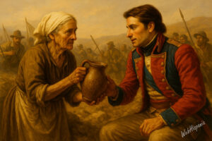 AI-generated image: An elderly Spanish woman with a cracked clay pitcher offers water to General Reding in a dusty 1808 battlefield under a blazing Andalusian sun.