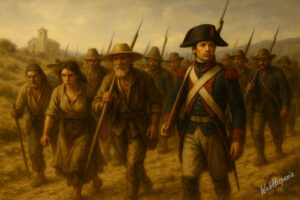 AI-generated image: Spanish regulars in blue-red uniforms and Andalusian civilians in farm clothes trudge across a treeless, sun-baked plain toward Bailén.