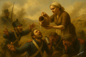 AI-generated image: Dejected French soldiers kneel and beg for water while an older Spanish woman pours a trickle from a chipped jug on a smoky battlefield.