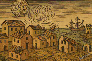 Woodcut-style depiction of a hurricane striking a coastal town with damaged buildings, stormy seas, and a personified wind face.