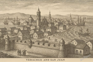 Colonial Veracruz and San Juan de Ulúa, with fortified walls, churches, ships, and people in a peaceful harbor scene.