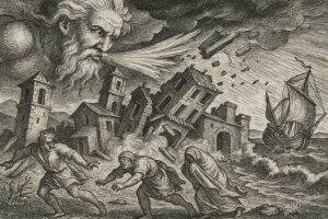 Engraved image of a personified hurricane blowing over a colonial town, collapsing buildings and panicked people by the sea.