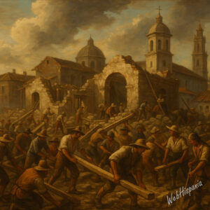 Baroque-style painting of colonial workers rebuilding a town after a disaster, with collapsed structures and people lifting beams and stones.