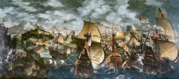 Early-17th-century painting of the Spanish Armada in crescent formation sailing up the English Channel.