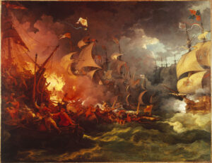 Dramatic painting of Spanish and English ships locked in combat amid smoke and flames during the 1588 Gravelines battle.