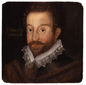 Portrait of Sir Francis Drake wearing a lace ruff and brown doublet, late 16th century.