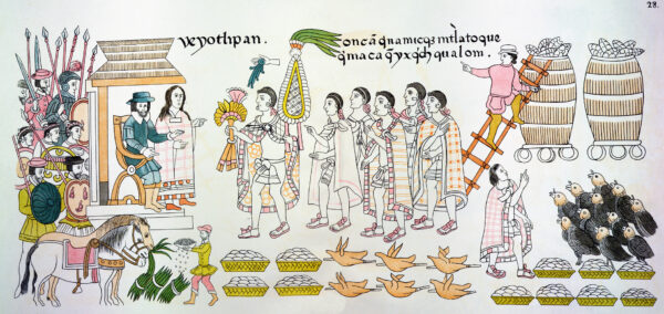 Tlaxcalan nobles bring baskets of food, turkeys and feathered gifts to Hernán Cortés, seated and flanked by Spanish soldiers, 16th-century Lienzo de Tlaxcala.