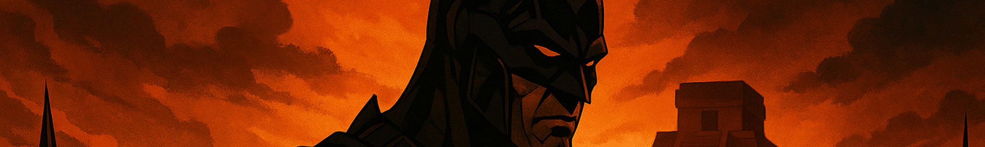 Aztec-inspired Batman stands before a glowing pyramid at sunset while silhouetted Spanish conquistadors look on.