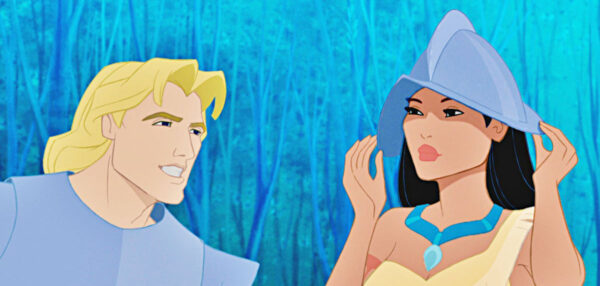 Animated John Smith smiles at Pocahontas as she adjusts a metal helmet in Disney’s 1995 film “Pocahontas”.